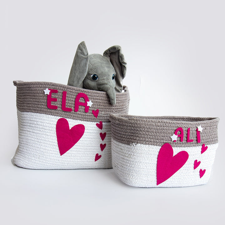 Doodle Hearts - Cotton Rope Baskets Pink (Individual/Set Of 2)