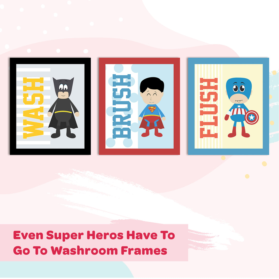 Even Super Heroes Have To Go To Washroom Bathroom Frames for Wall (Set of 3)