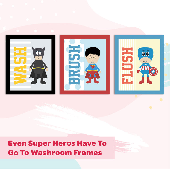 Even Super Heroes Have To Go To Washroom Bathroom Frames for Wall (Set of 3)