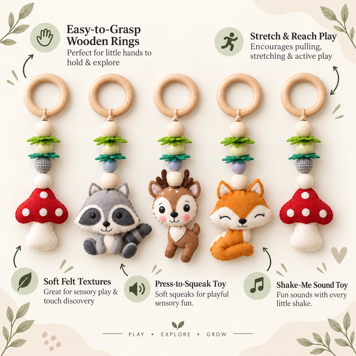 Fox & Friends – Woodland Wooden Baby Play Gym With Play Mat