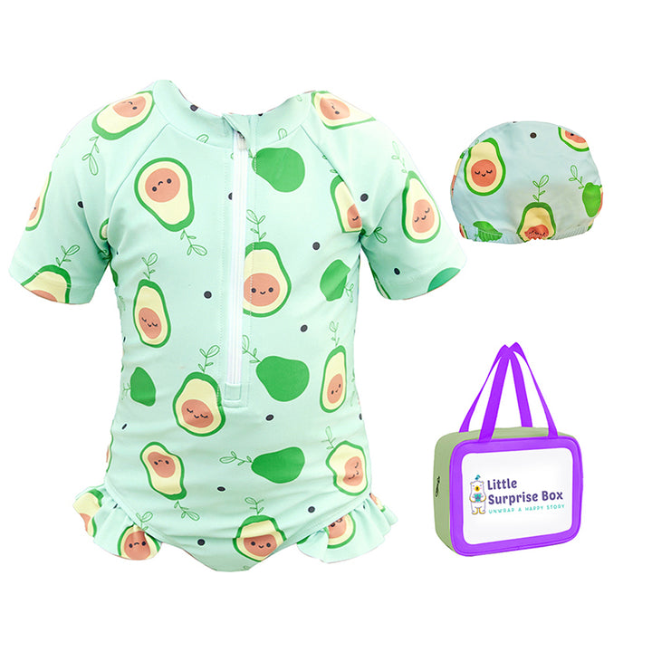 Frilly Avacado Print Swimwear + Swim Cap for Toddlers & Kids