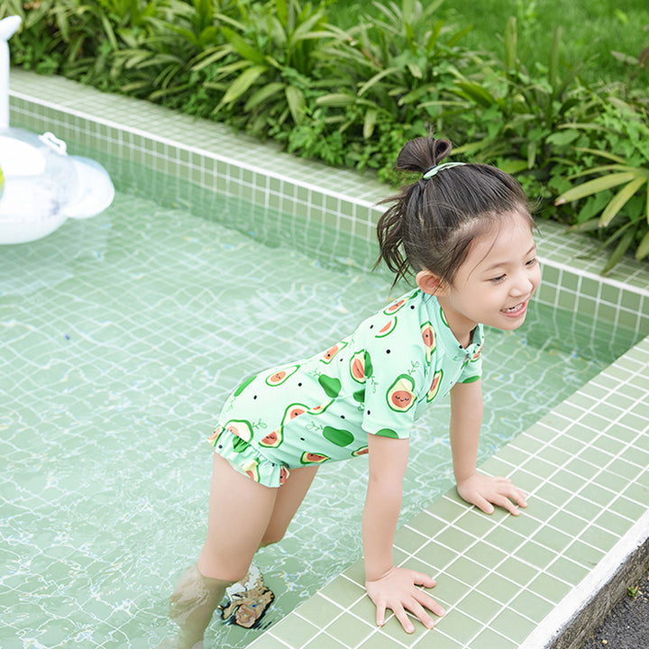 Frilly Avacado Print Swimwear + Swim Cap for Toddlers & Kids