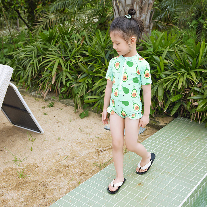 Frilly Avacado Print Swimwear + Swim Cap for Toddlers & Kids