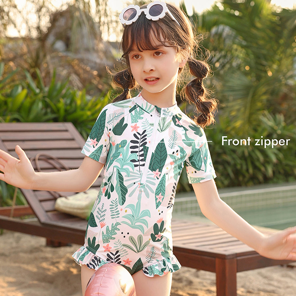 Frilly Tropical Print Toddlers & Kids Swimwear + Swim Cap