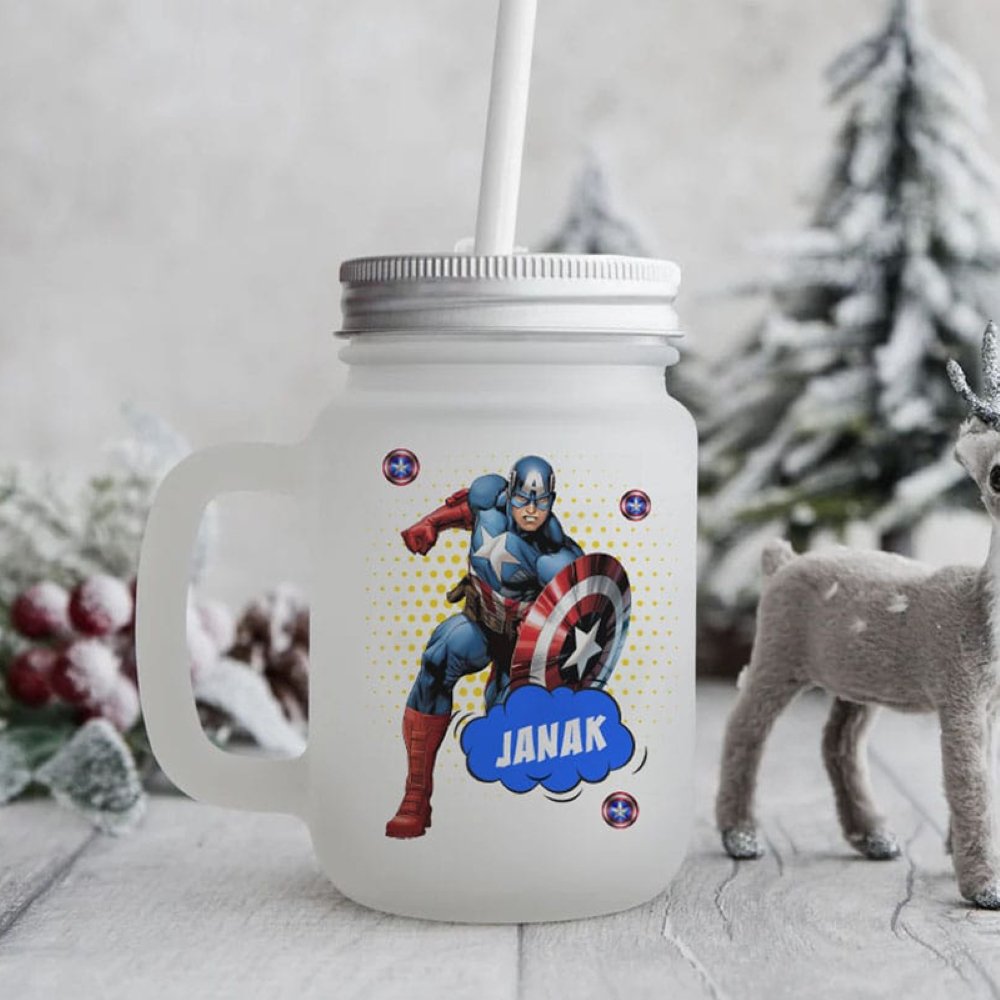 Frosted Mason Jar- Captain America
