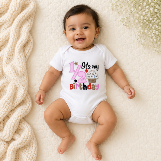 Half Birthday Cupcake Romper - Pink