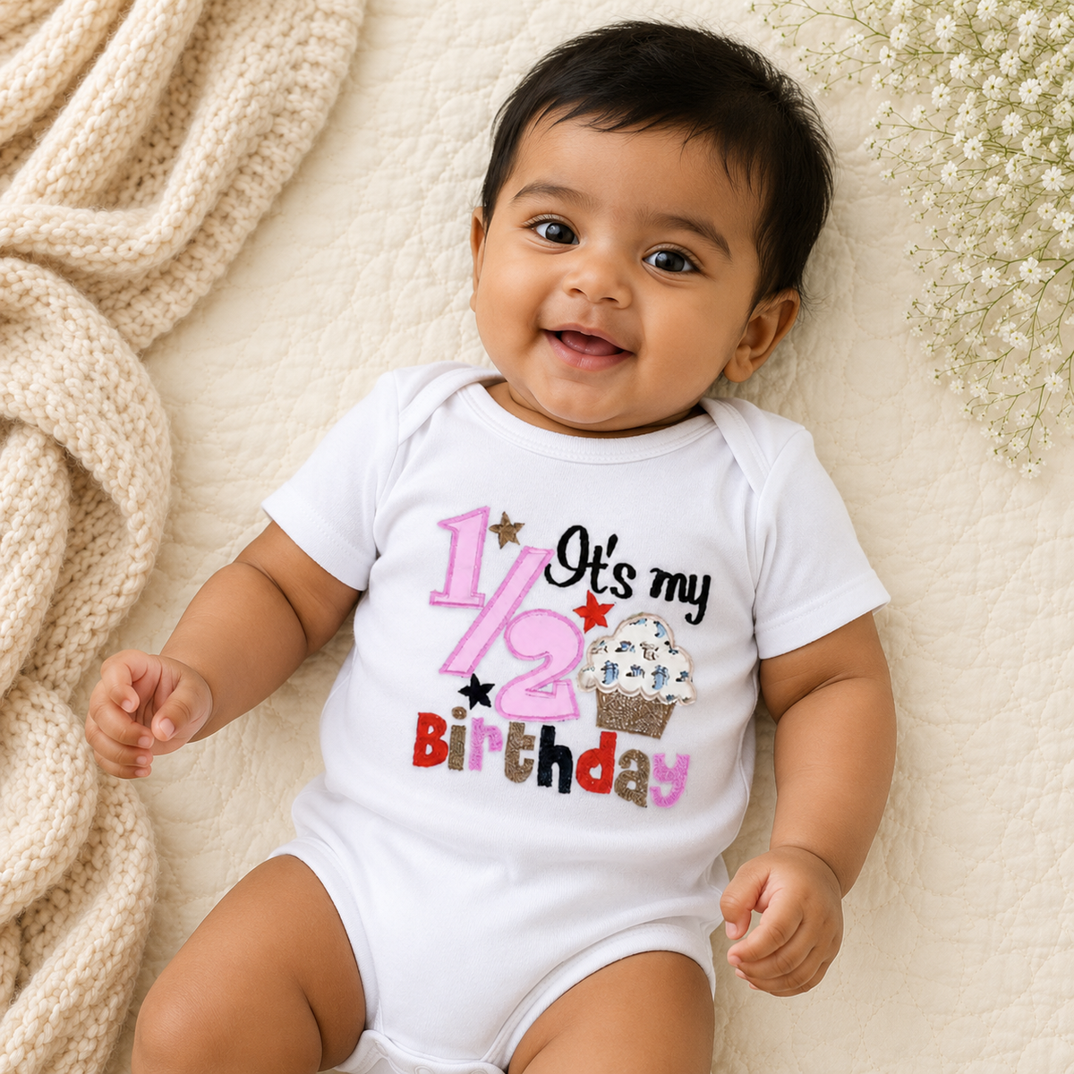 Half Birthday Cupcake Romper - Pink