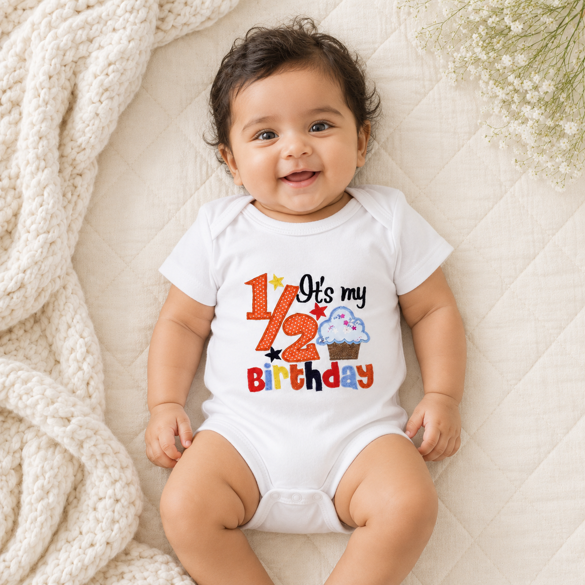 Half Birthday Cupcake Romper - Red