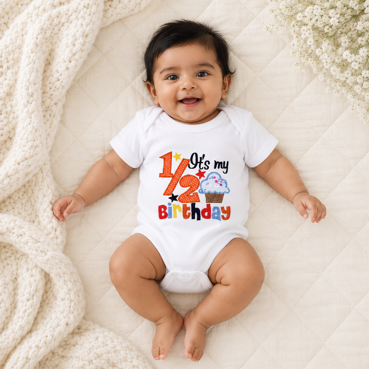 Half Birthday Cupcake Romper - Red