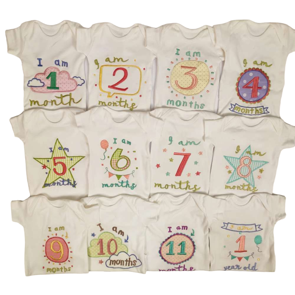 Hand Embroidered Milestone Romper Set of 12 - Clouds