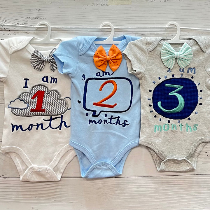 Hand Embroidered Milestone Romper Set of 12 - Bow Tie