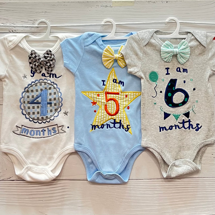 Hand Embroidered Milestone Romper Set of 12 - Bow Tie