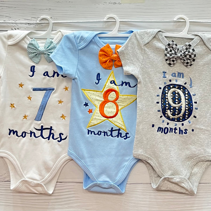 Hand Embroidered Milestone Romper Set of 12 - Bow Tie