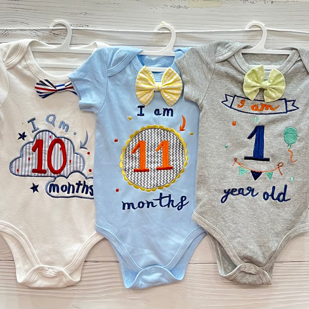 Hand Embroidered Milestone Romper Set of 12 - Bow Tie