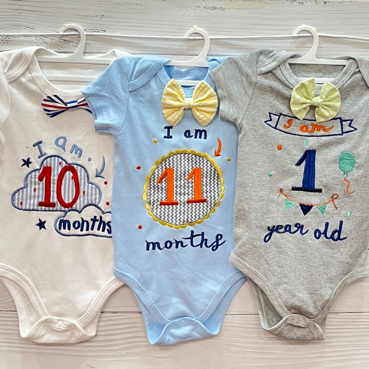 Hand Embroidered Milestone Romper Set of 12 - Bow Tie