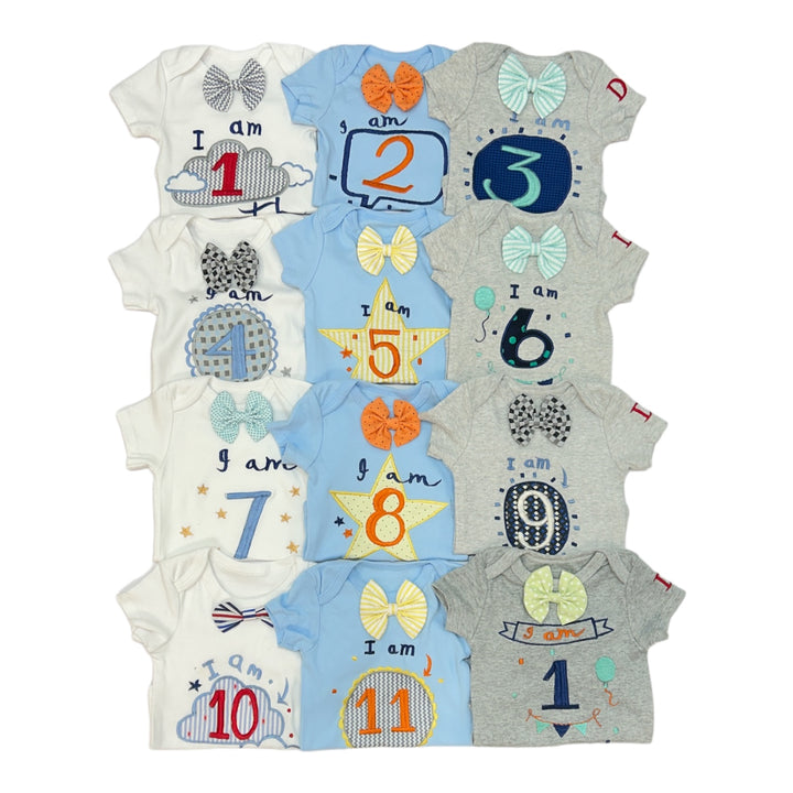 Hand Embroidered Milestone Romper Set of 12 - Bow Tie