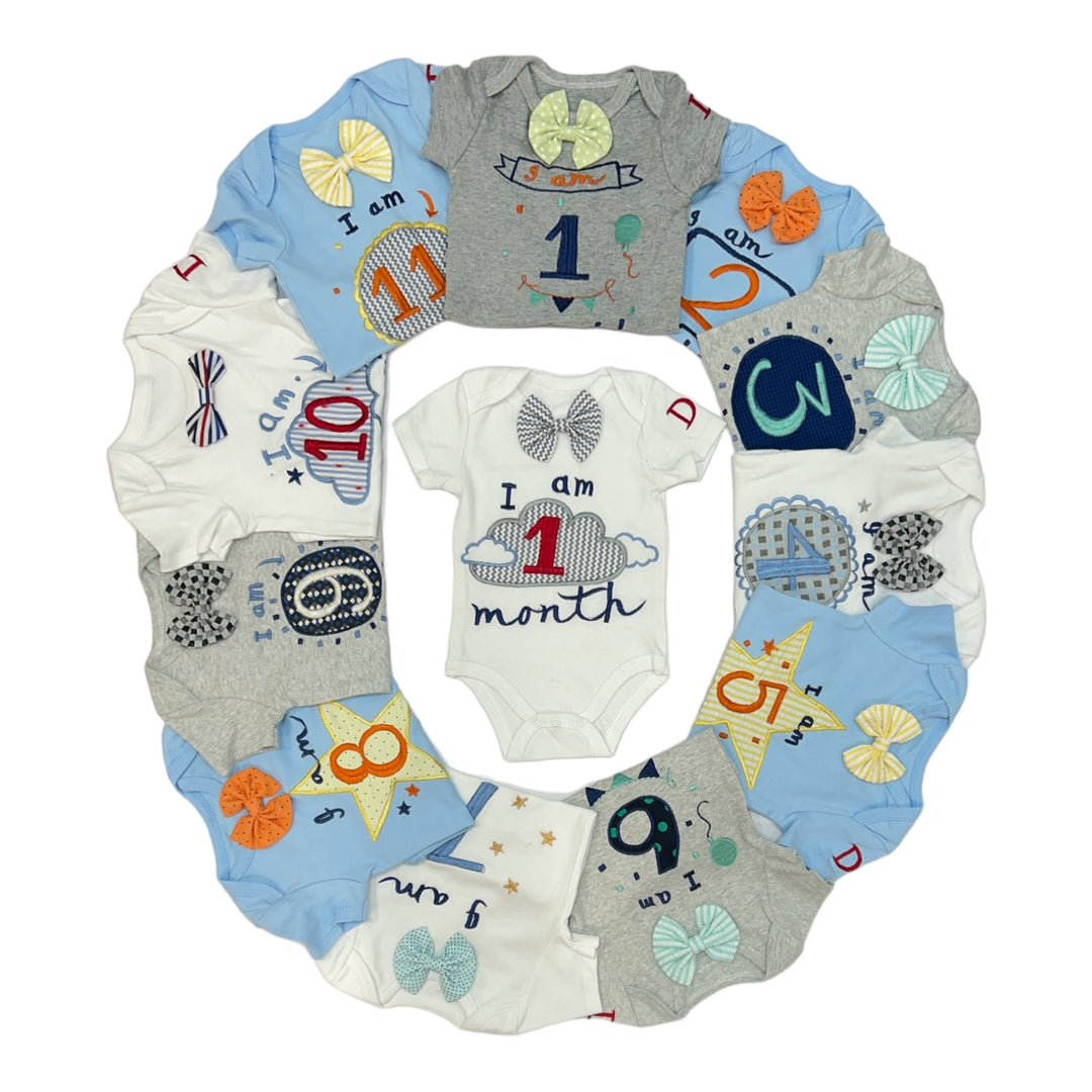 Hand Embroidered Milestone Romper Set of 12 - Bow Tie