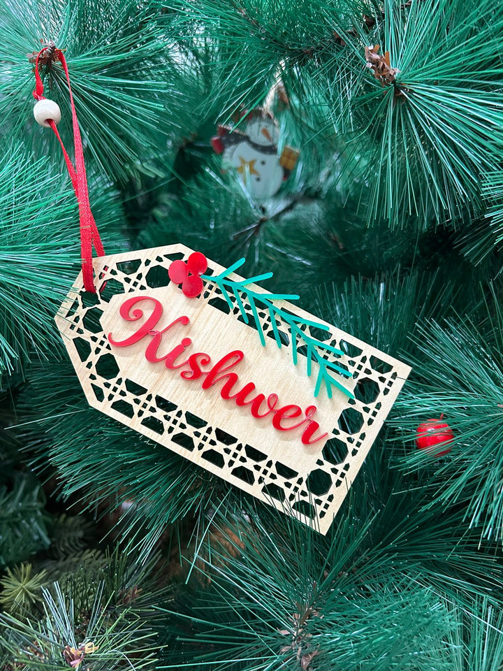 Babble Wrap Rattan Tag Ornament - Six-sided (with wood in middle)