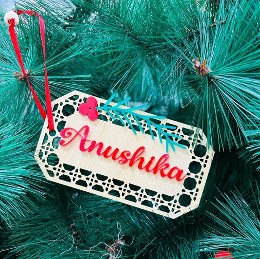 Babble Wrap Rattan Tag Ornament - Ten-sided (with wood in middle)