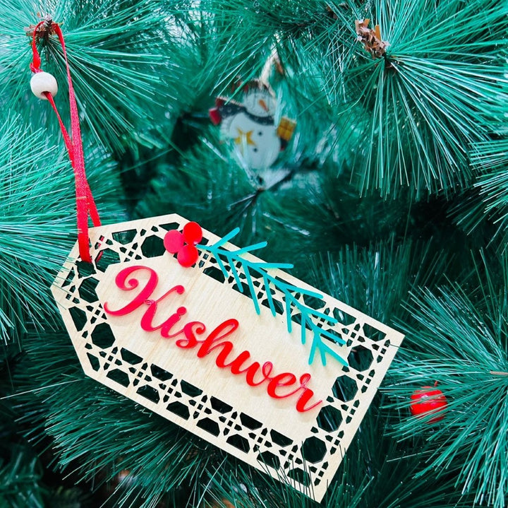 Babble Wrap Rattan Tag Ornament - Six-sided (with wood in middle)
