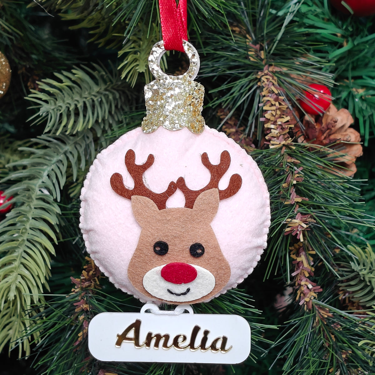 Rosy Reindeer Charm Felt Ornament