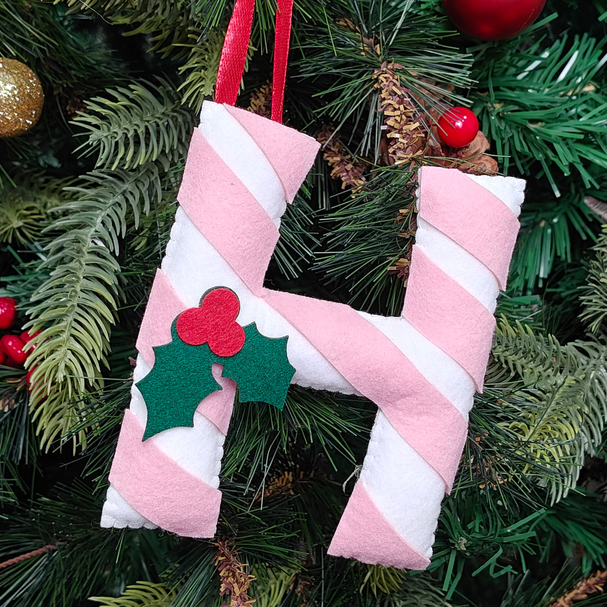 Blush Candy Cane Monogram Felt Ornament