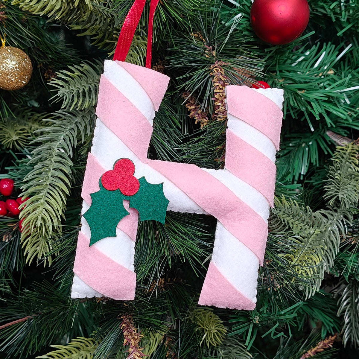 Blush Candy Cane Monogram Felt Ornament