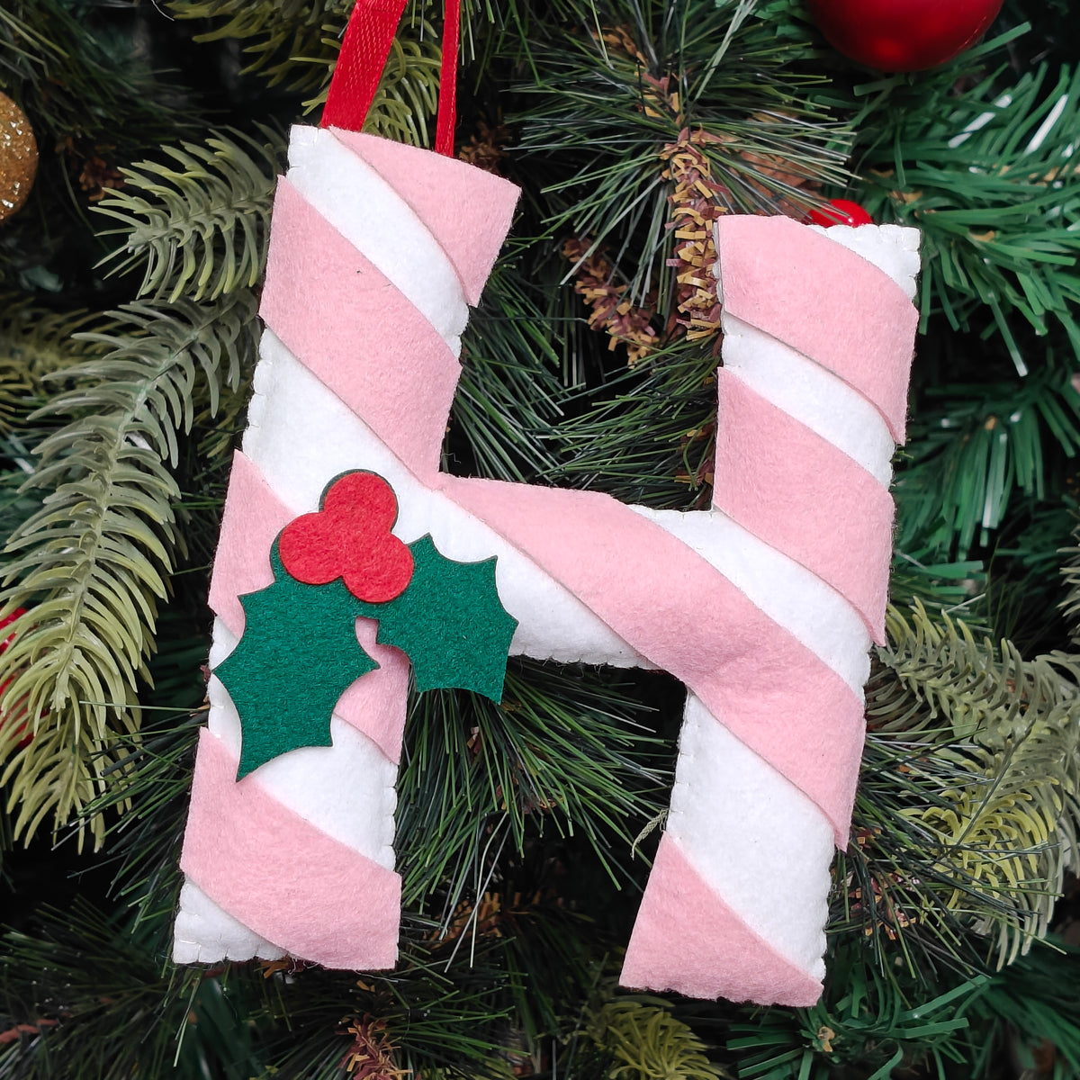 Blush Candy Cane Monogram Felt Ornament