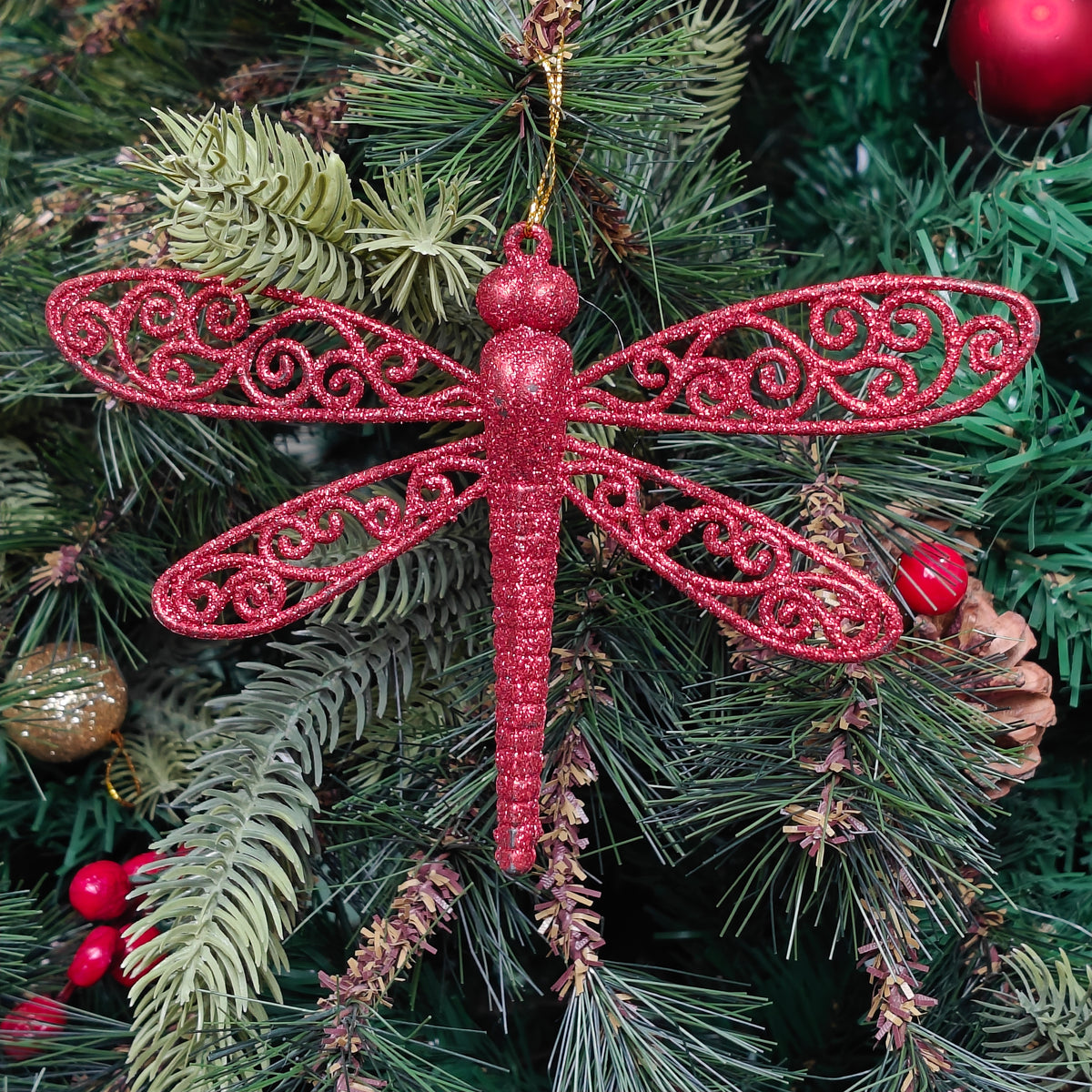Crimson Dragonfly Glitter Ornament