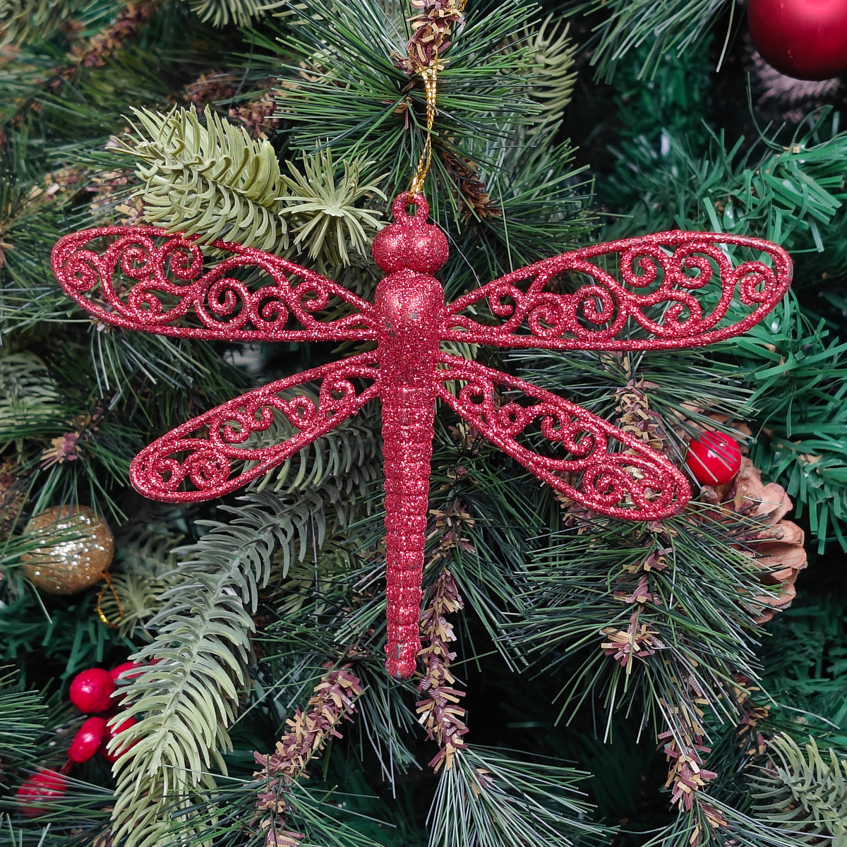 Crimson Dragonfly Glitter Ornament