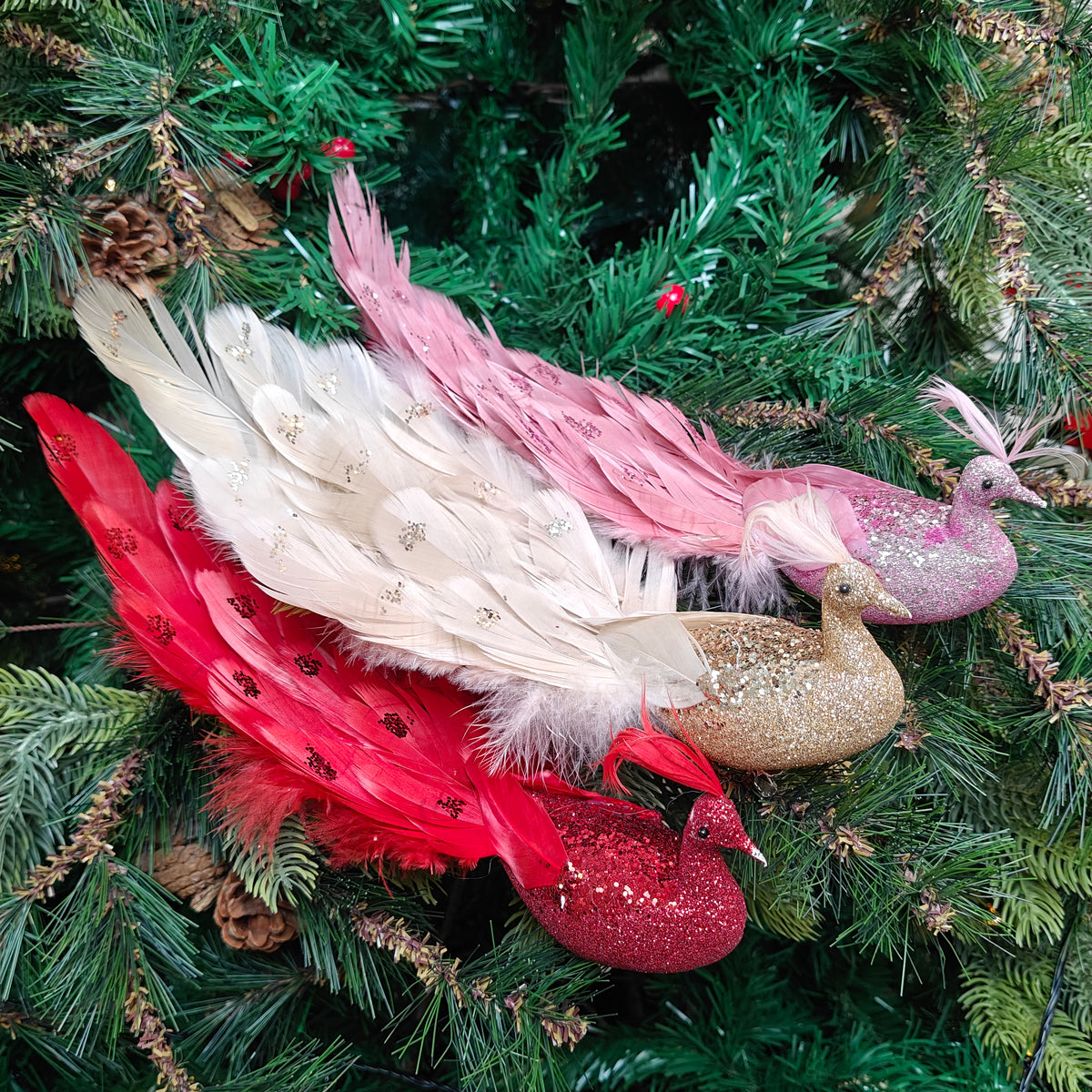 Feather Luxe Clip-On  Peacock Ornament - Set of 3