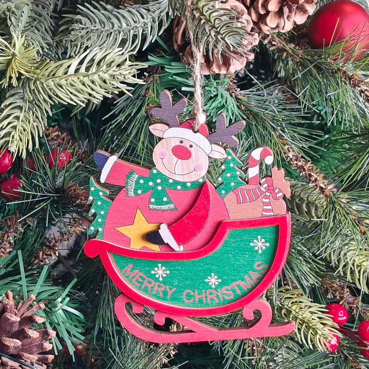 Reindeer Joy Wooden Sleigh Ornament