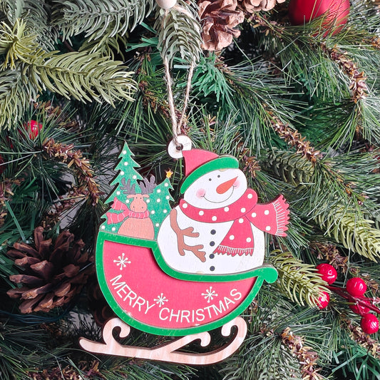 Snowman Smiles Wooden Sleigh Ornament