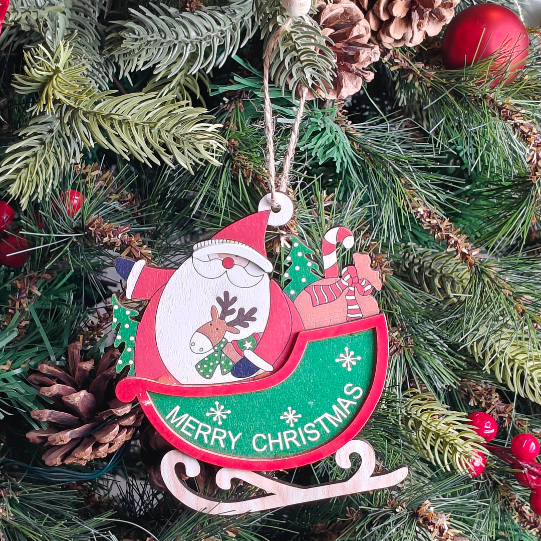 Santa & Reindeer Duo Wooden Sleigh Ornament