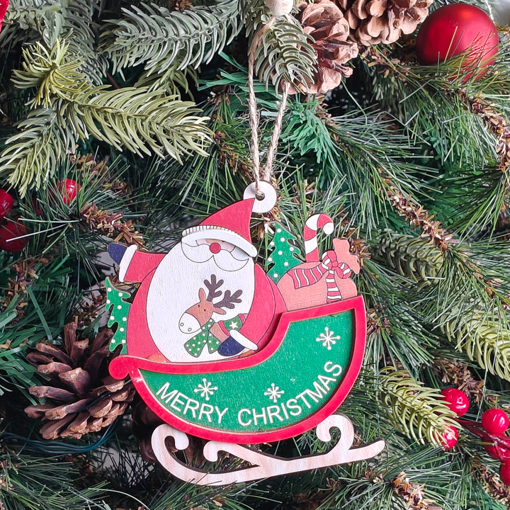 Santa & Reindeer Duo Wooden Sleigh Ornament