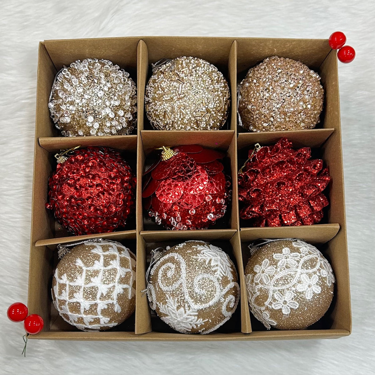 Babble Wrap 9PCs Shimmer / Embellished Baubles Set (Gold-Red-Gold)