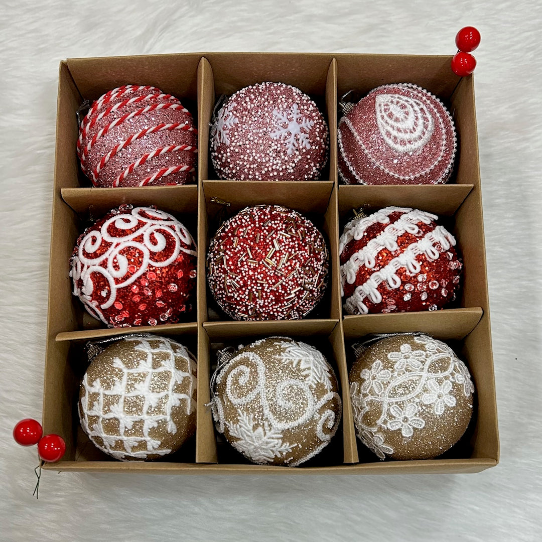Babble Wrap 9PCs Shimmer / Embellished Baubles Set (Gold-Pink-Red)