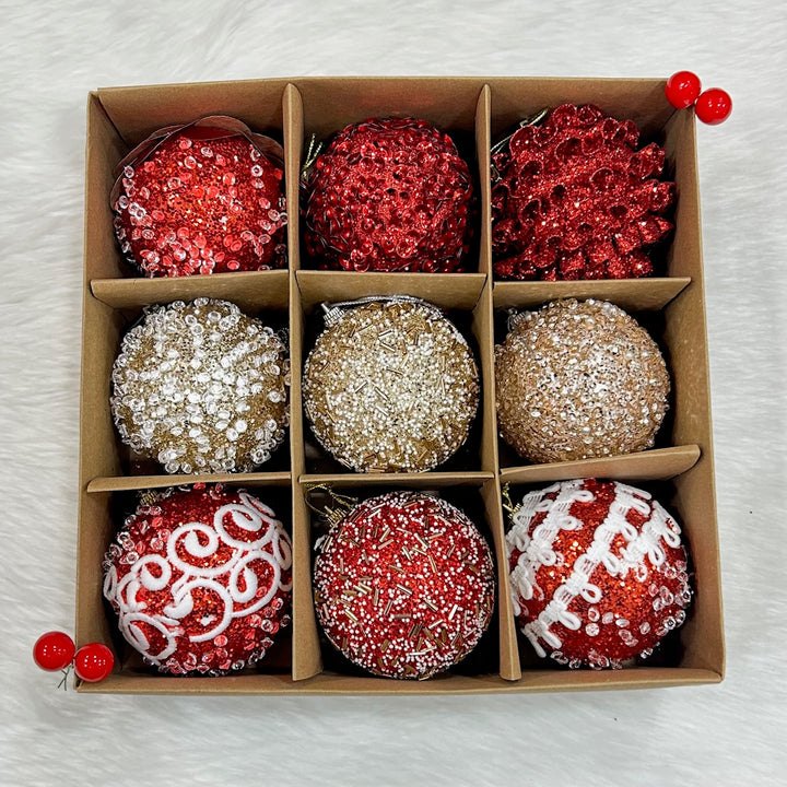 Babble Wrap 9PCs Shimmer / Embellished Baubles Set (Red-Gold-Red)
