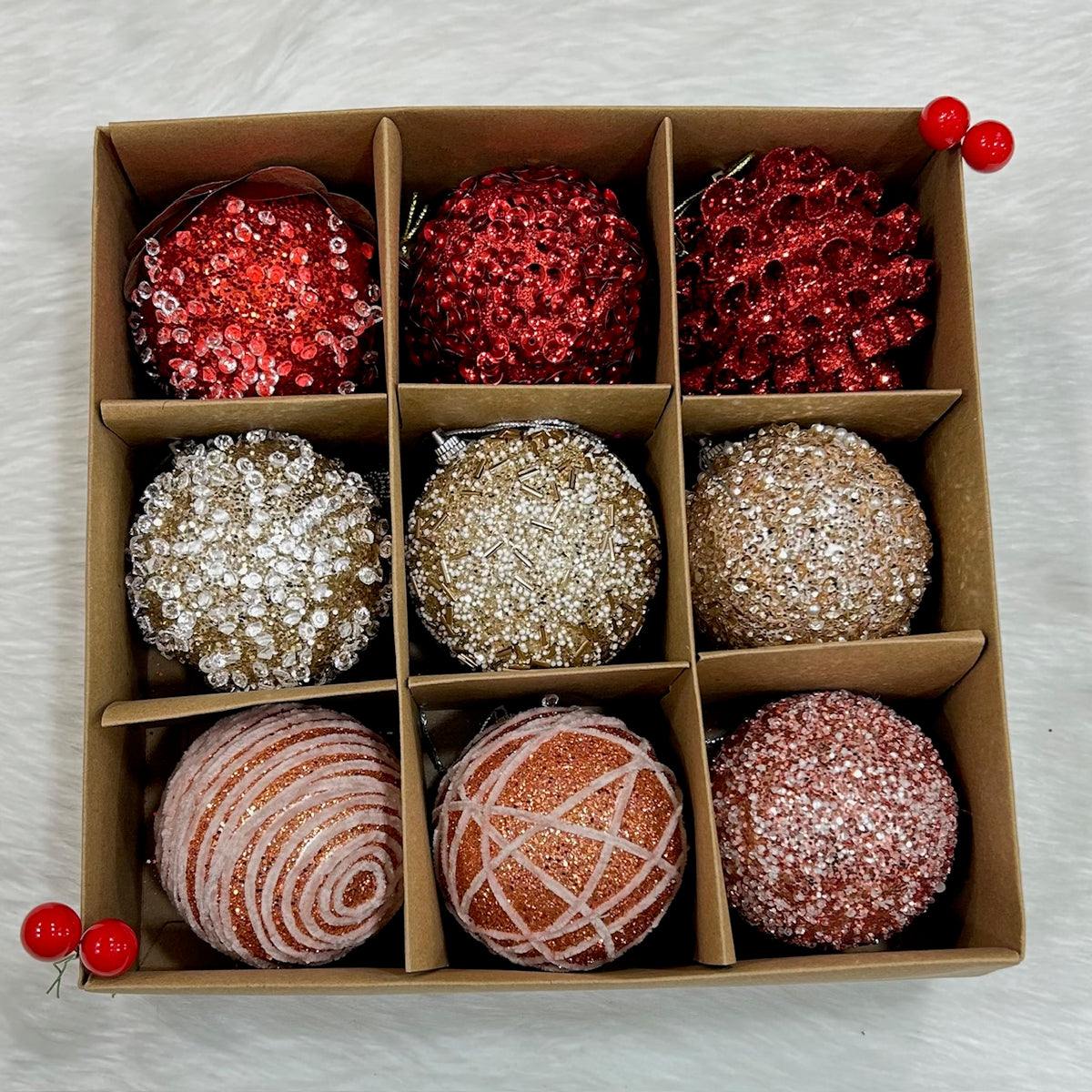 Babble Wrap 9PCs Shimmer / Embellished Baubles Set (Rose Gold-Red-Gold)