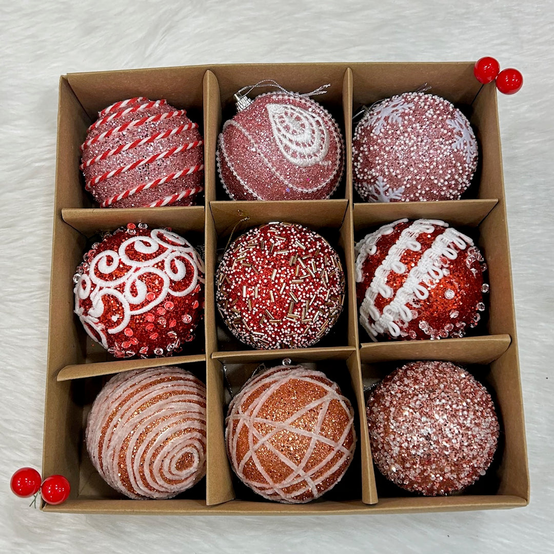 Babble Wrap 9PCs Shimmer / Embellished Baubles Set (Pink-Rose Gold-Red)