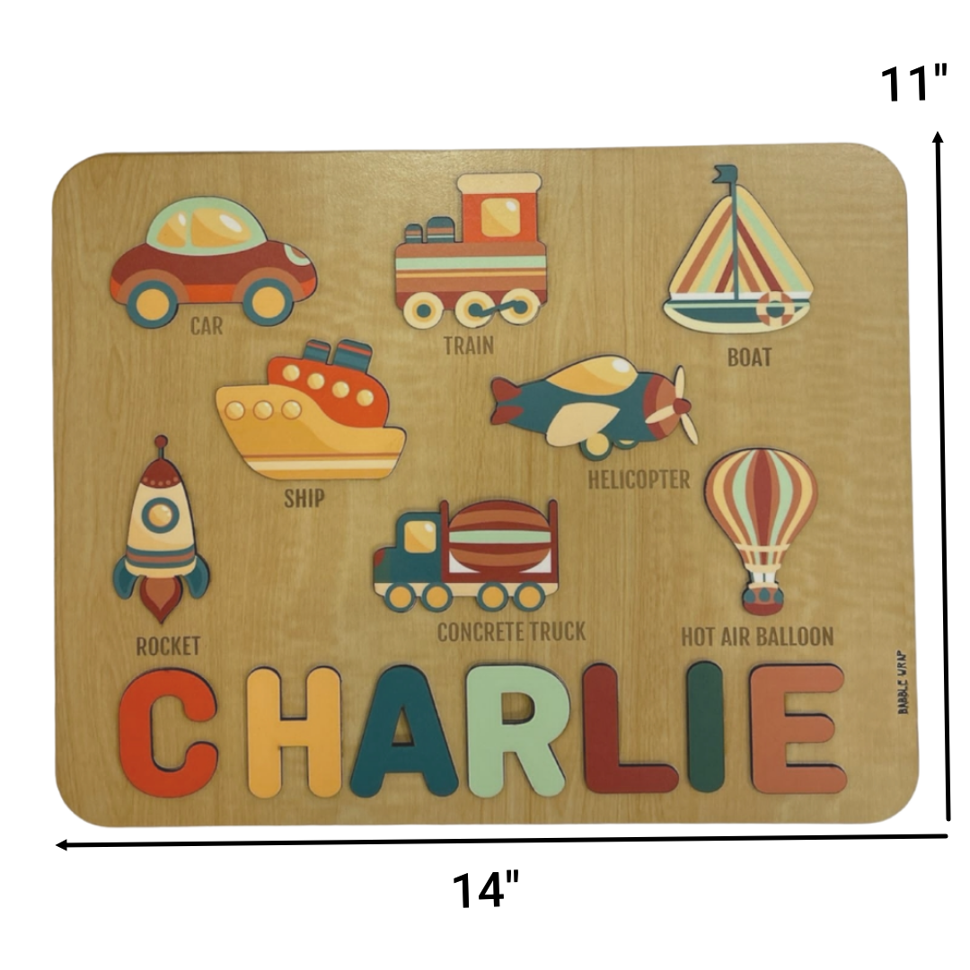 Personalised Wooden Name Puzzle- Transport