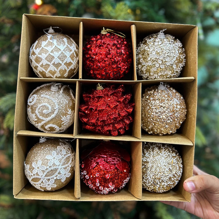 Babble Wrap 9PCs Shimmer / Embellished Baubles Set (Gold-Red-Gold)