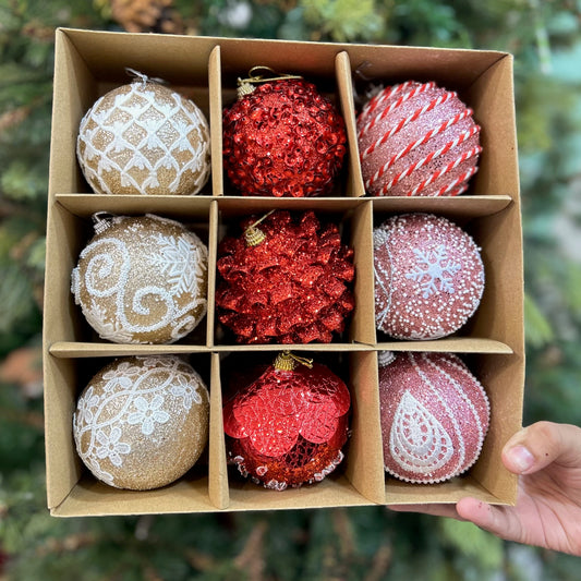 Babble Wrap 9PCs Shimmer / Embellished Baubles Set (Gold-Red-Pink)