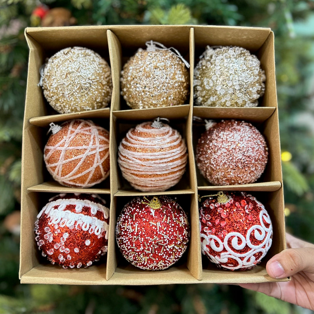 Babble Wrap 9PCs Shimmer / Embellished Baubles Set (Gold-Rose Gold-Red)