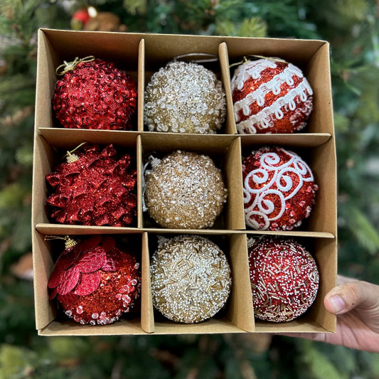 Babble Wrap 9PCs Shimmer / Embellished Baubles Set (Red-Gold-Red)