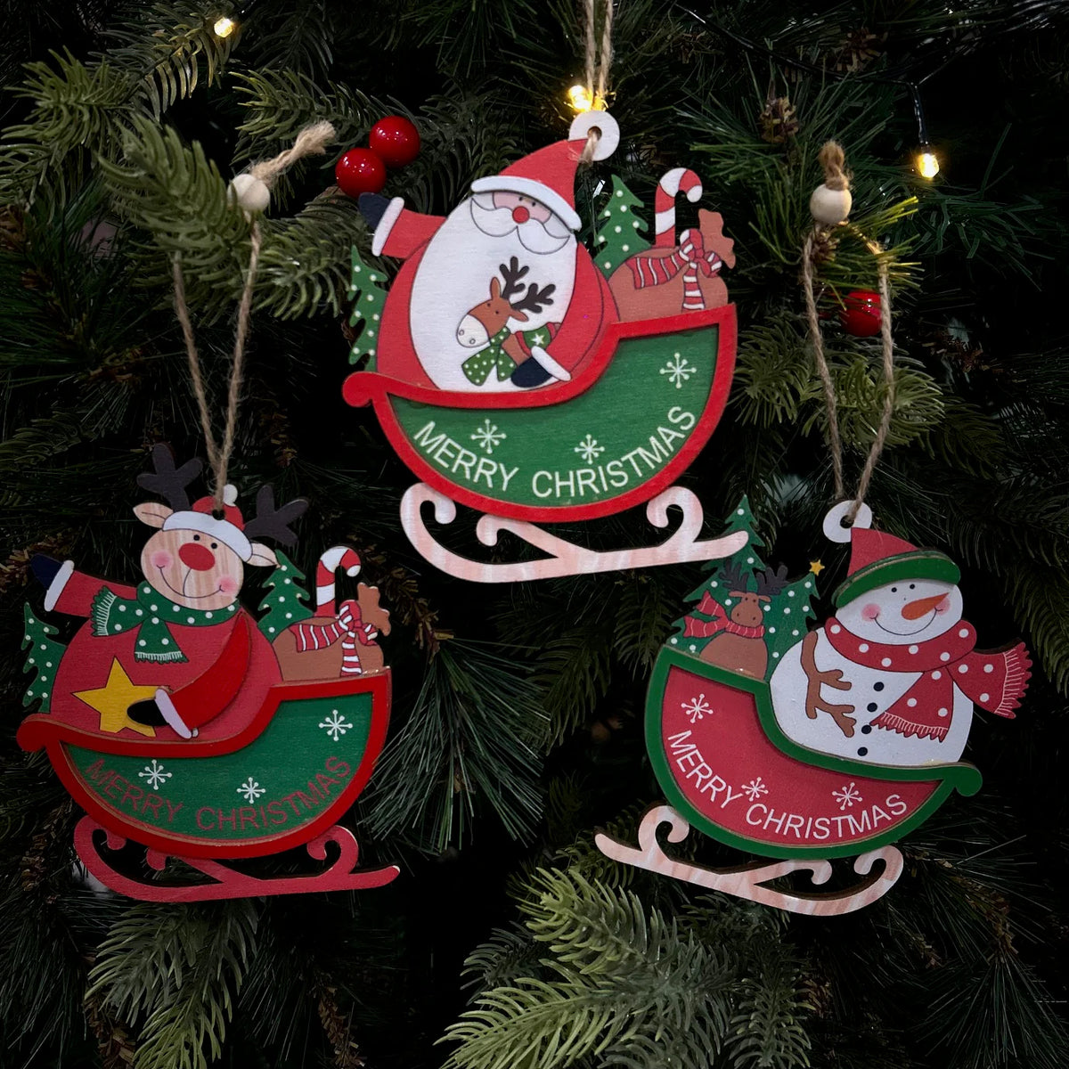 Reindeer Joy Wooden Sleigh Ornament