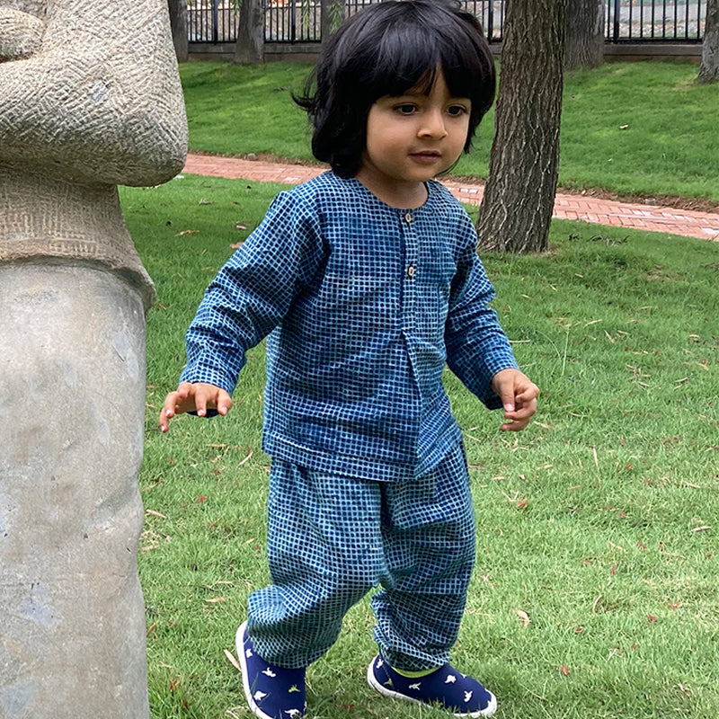 UNISEX ORGANIC INDIGO CHECK KURTA + MATCHING PANTS