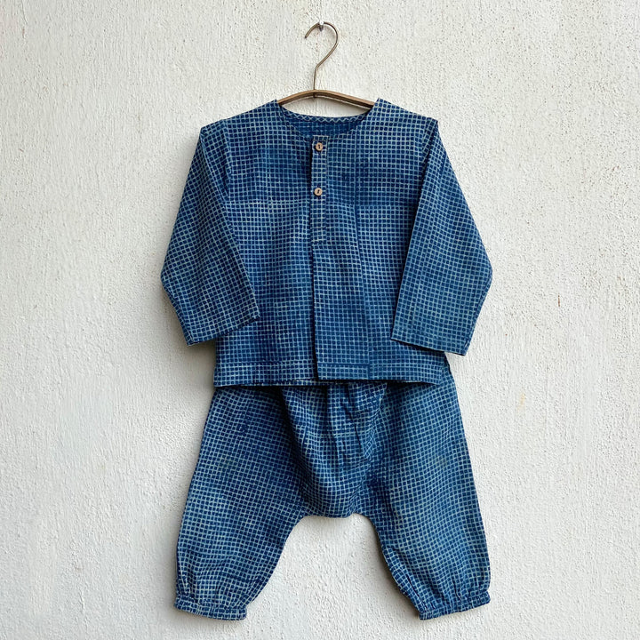 UNISEX ORGANIC INDIGO CHECK KURTA + MATCHING PANTS
