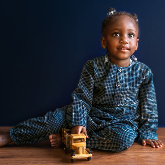 UNISEX ORGANIC INDIGO CHECK KURTA + MATCHING PANTS