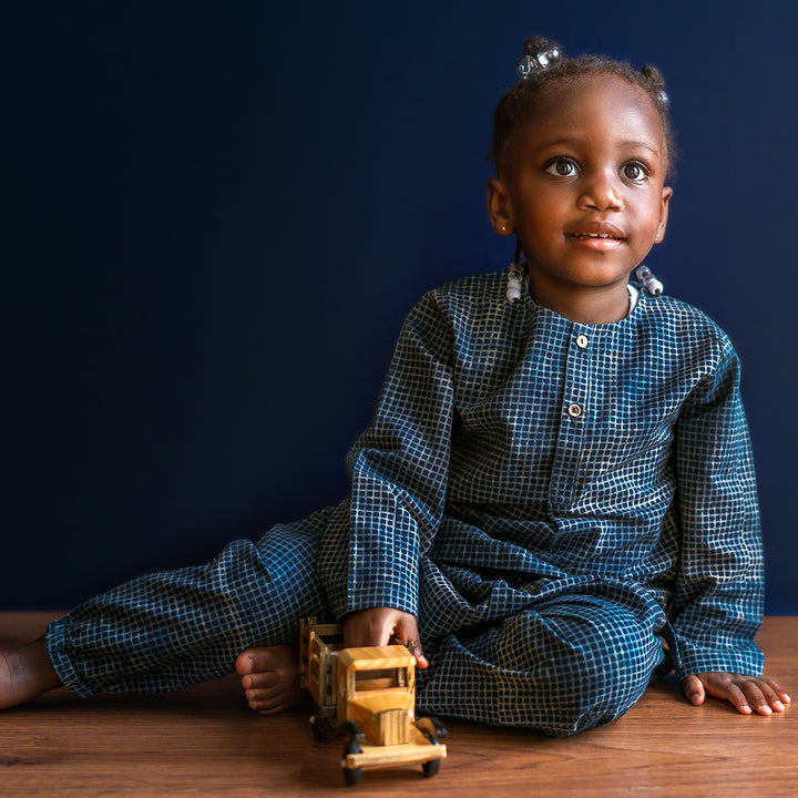 UNISEX ORGANIC INDIGO CHECK KURTA + MATCHING PANTS